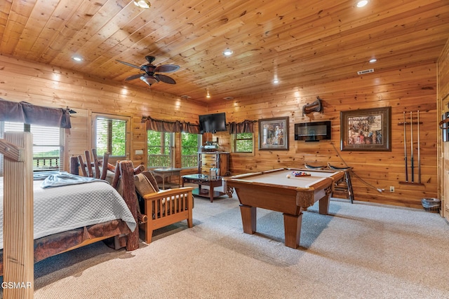 2494 Black Bear Ridge Way, Sevierville, TN 37862 - rec room with recessed lighting, wooden ceiling, carpet floors, billiards, and a ceiling fan