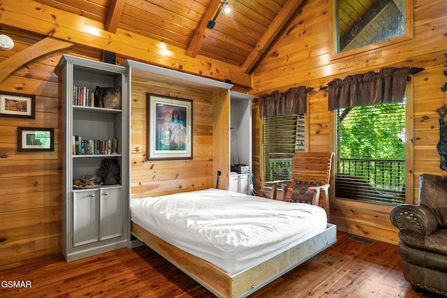2494 Black Bear Ridge Way, Sevierville, TN 37862 - bedroom featuring wooden walls, wood-type flooring, wood ceiling, track lighting, and ensuite bath