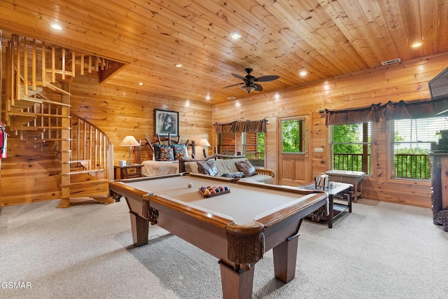 2494 Black Bear Ridge Way, Sevierville, TN 37862 - playroom featuring light colored carpet, recessed lighting, wooden ceiling, a ceiling fan, and wooden walls