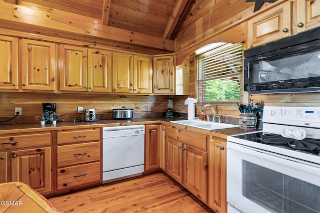 2494 Black Bear Ridge Way, Sevierville, TN 37862 - kitchen with white appliances, light wood-style flooring, wooden ceiling, and wood walls