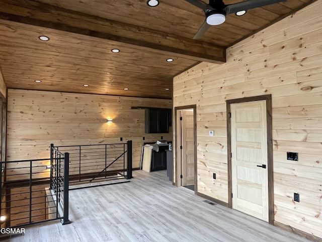 interior space featuring ceiling fan, wooden ceiling, vaulted ceiling with beams, light hardwood / wood-style floors, and wood walls