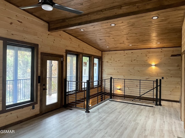 additional living space featuring ceiling fan, wooden ceiling, vaulted ceiling with beams, light hardwood / wood-style floors, and wooden walls