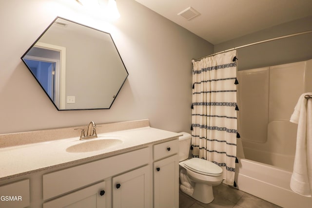 full bathroom with tile patterned flooring, vanity, shower / tub combo, and toilet