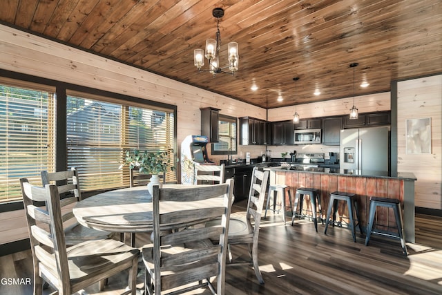 dining room with wooden walls, an inviting chandelier, wooden ceiling, and dark wood-type flooring