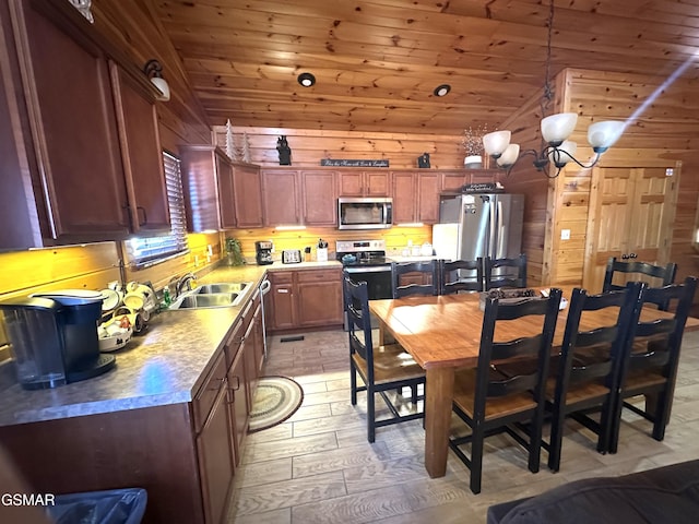 kitchen featuring sink, hanging light fixtures, stainless steel appliances, wooden ceiling, and a chandelier