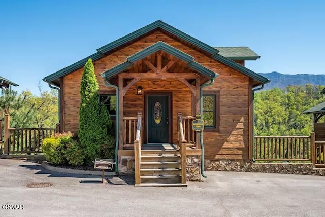 log home featuring a mountain view