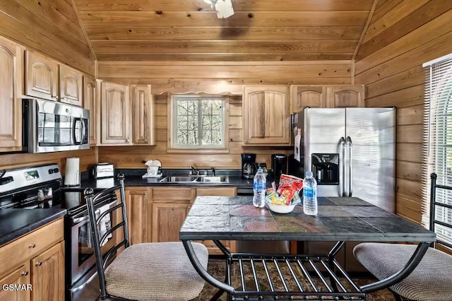 kitchen with stainless steel appliances, vaulted ceiling, wooden walls, sink, and wooden ceiling