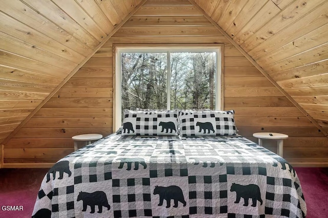 carpeted bedroom with wooden walls, wooden ceiling, and lofted ceiling