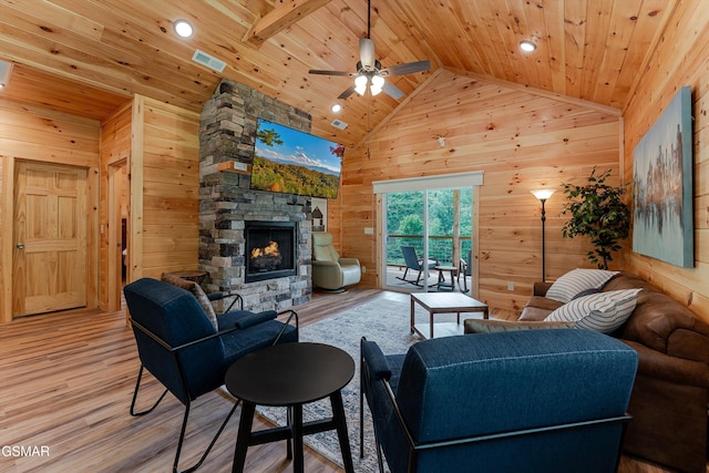 1012 Pinyon Cir, Pigeon Forge, TN 37863 - living room featuring wood walls, wood ceiling, wood finished floors, a fireplace, and high vaulted ceiling
