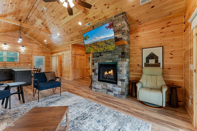 1012 Pinyon Cir, Pigeon Forge, TN 37863 - living room with wooden walls, light wood-type flooring, wooden ceiling, a fireplace, and a ceiling fan