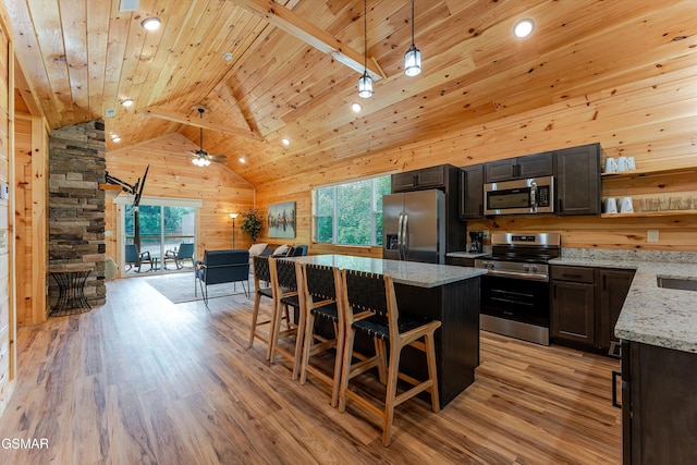 1012 Pinyon Cir, Pigeon Forge, TN 37863 - kitchen featuring appliances with stainless steel finishes, wood ceiling, plenty of natural light, light wood-style floors, and a kitchen island