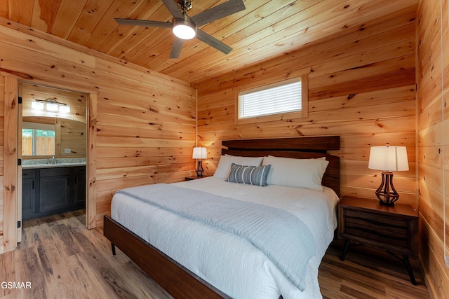 1012 Pinyon Cir, Pigeon Forge, TN 37863 - bedroom featuring wood finished floors, wood ceiling, connected bathroom, multiple windows, and wooden walls