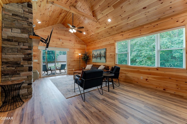 1012 Pinyon Cir, Pigeon Forge, TN 37863 - living area with a wood ceiling with exposed beams, wood walls, ceiling fan, wood finished floors, and high vaulted ceiling
