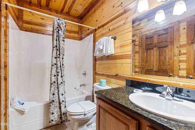 full bathroom with wooden ceiling, wood walls, toilet, vanity, and shower / tub combo