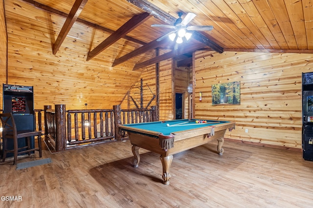 recreation room featuring vaulted ceiling with beams, ceiling fan, pool table, wood-type flooring, and wood ceiling