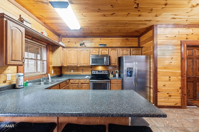 kitchen featuring wooden walls, wood ceiling, sink, and appliances with stainless steel finishes