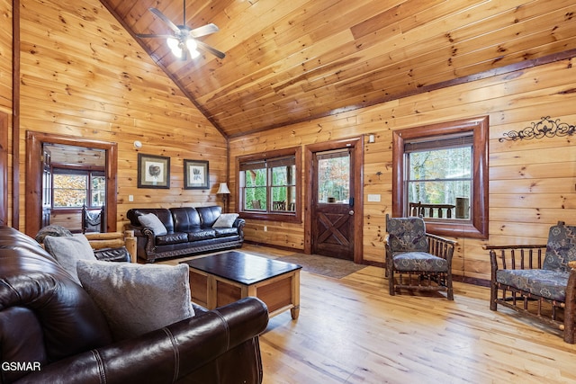 living room featuring wood walls, lofted ceiling, light hardwood / wood-style floors, and wooden ceiling