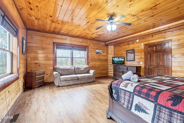 bedroom featuring wooden walls, multiple windows, and wooden ceiling