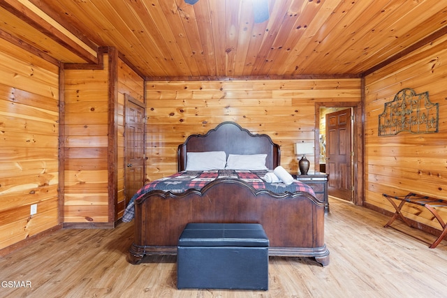 bedroom featuring wooden walls, wood-type flooring, and wooden ceiling