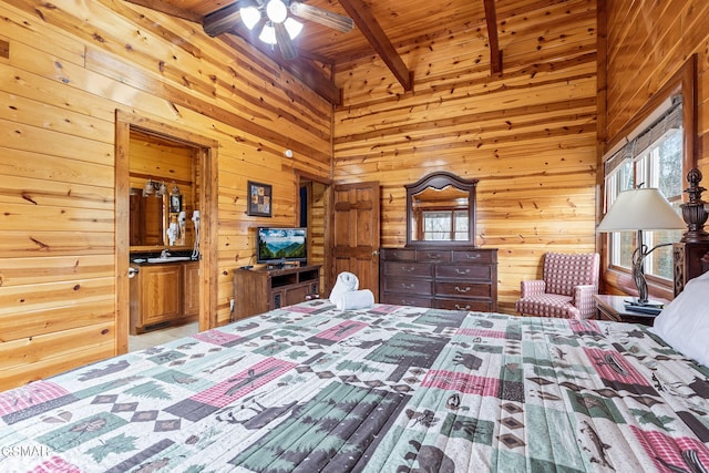 bedroom with beamed ceiling, wooden walls, multiple windows, and wooden ceiling