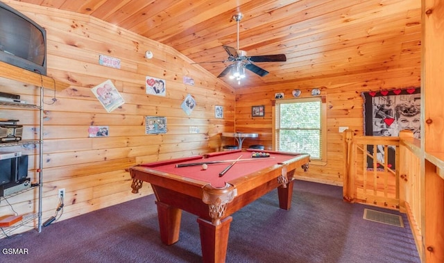 recreation room featuring dark colored carpet, billiards, wood walls, vaulted ceiling, and wooden ceiling