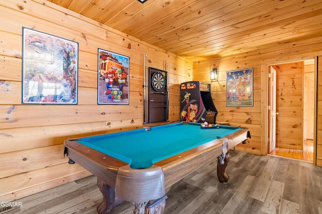 rec room with billiards, wooden ceiling, and wood finished floors