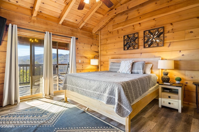 bedroom featuring lofted ceiling with beams, a mountain view, wood finished floors, wood ceiling, and access to exterior