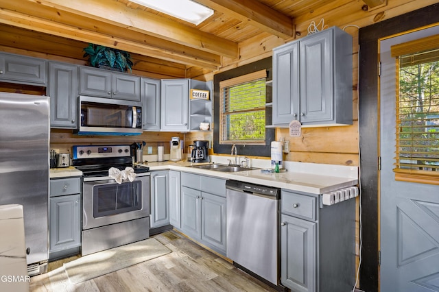 kitchen featuring stainless steel appliances, gray cabinets, a sink, and beamed ceiling