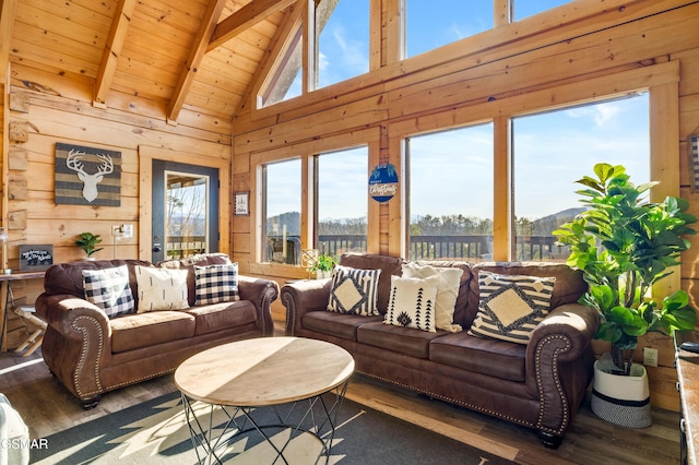 living area featuring wooden ceiling, wooden walls, and wood finished floors