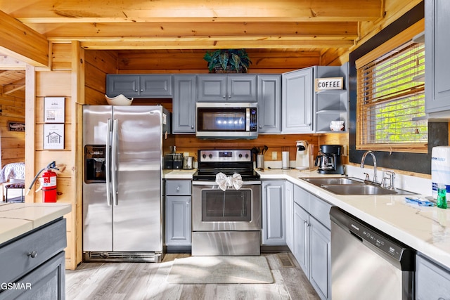 kitchen with appliances with stainless steel finishes, gray cabinets, light countertops, wood walls, and a sink