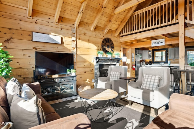 living room with wooden ceiling, wooden walls, and wood finished floors