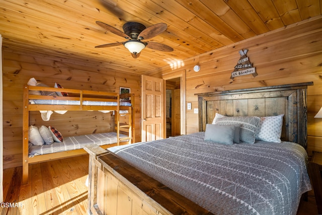 bedroom featuring wooden ceiling, wood finished floors, and wooden walls