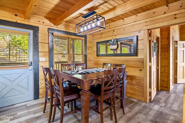 dining area featuring beam ceiling, wood finished floors, wood ceiling, and wooden walls