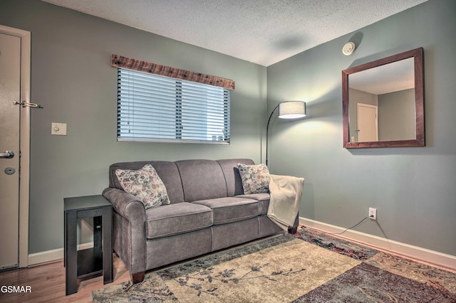 living area featuring baseboards, wood finished floors, and a textured ceiling