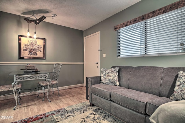 living area with baseboards, a textured ceiling, and wood finished floors