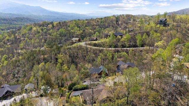 birds eye view of property with a view of trees and a mountain view