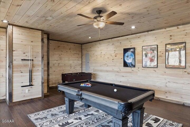 playroom featuring wooden walls, pool table, ceiling fan, and wooden ceiling