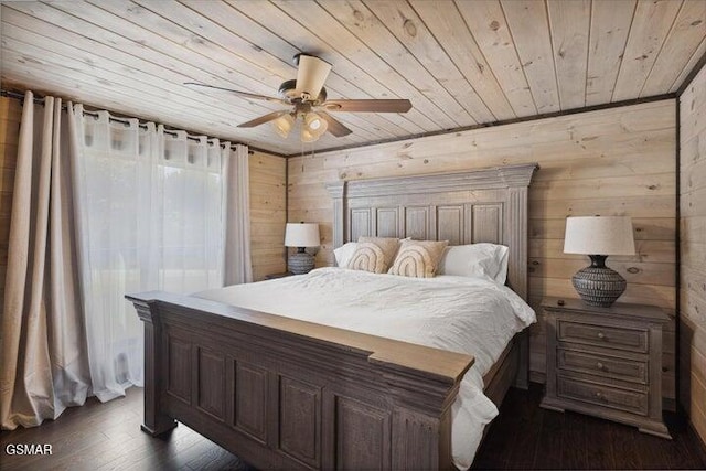 bedroom with dark wood finished floors, wood ceiling, a ceiling fan, and wood walls