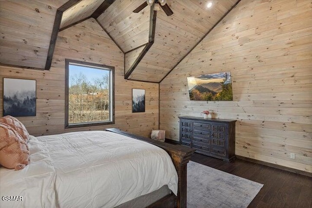 bedroom with ceiling fan, wood walls, wooden ceiling, vaulted ceiling with beams, and hardwood / wood-style flooring