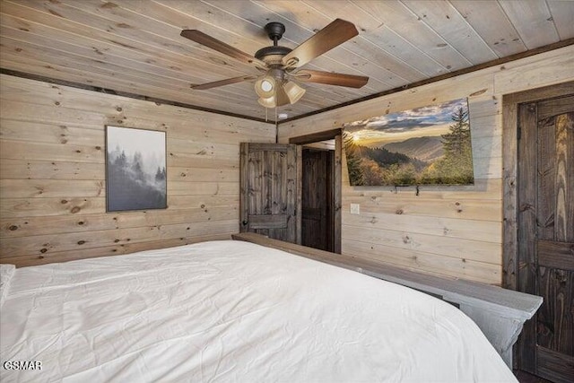 bedroom featuring wood walls, ceiling fan, and wooden ceiling