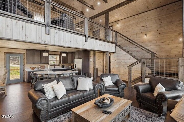 living area featuring wood walls, dark wood-style flooring, beam ceiling, a high ceiling, and wooden ceiling