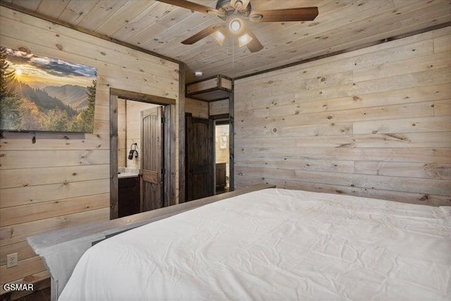 bedroom featuring wooden walls, a ceiling fan, and wood ceiling