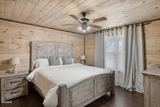 bedroom featuring wood walls, wood ceiling, a ceiling fan, and dark wood finished floors