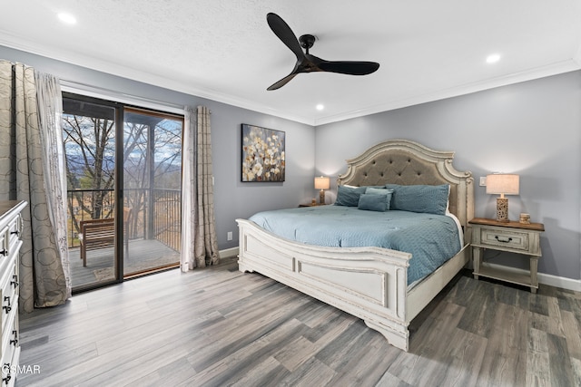 bedroom with dark wood-type flooring, ceiling fan, ornamental molding, and access to outside