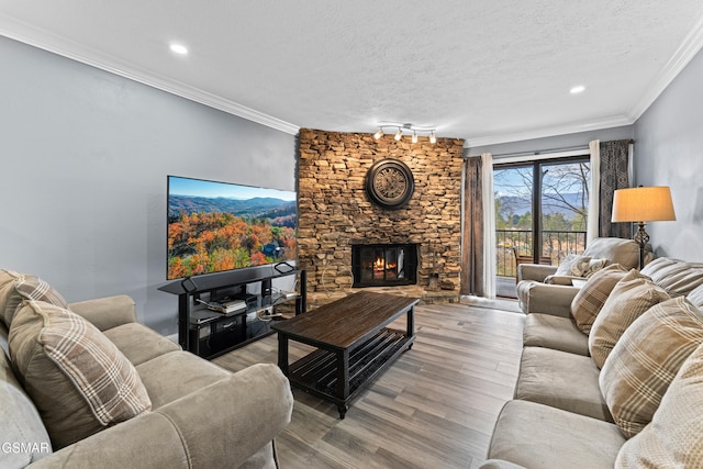 living room featuring light hardwood / wood-style flooring, a fireplace, and ornamental molding