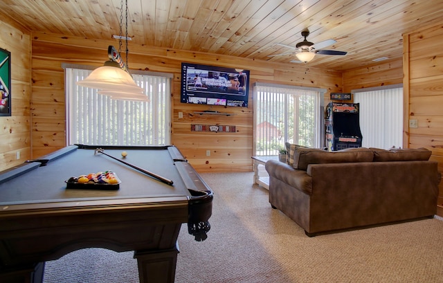 playroom featuring wooden ceiling, wooden walls, and billiards