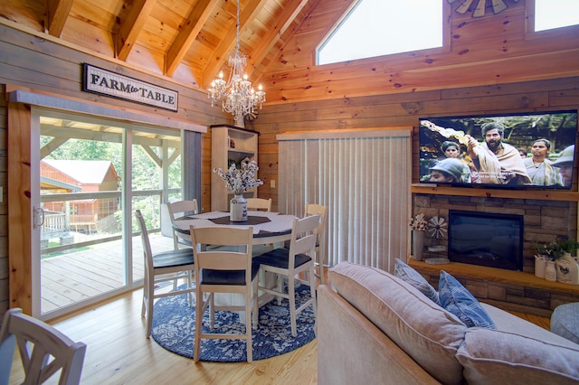 dining area with beamed ceiling, hardwood / wood-style floors, wooden walls, and wooden ceiling