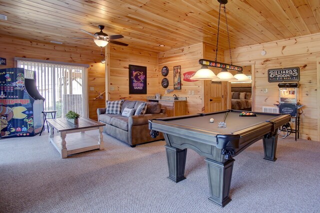 game room featuring wood walls, carpet, wood ceiling, and billiards