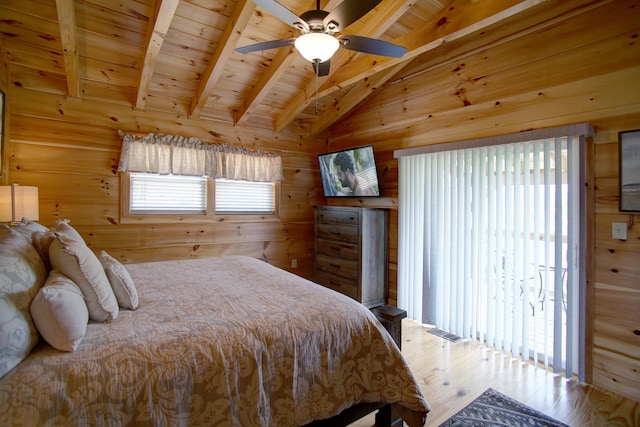 bedroom featuring wood walls, wooden ceiling, lofted ceiling with beams, hardwood / wood-style flooring, and ceiling fan