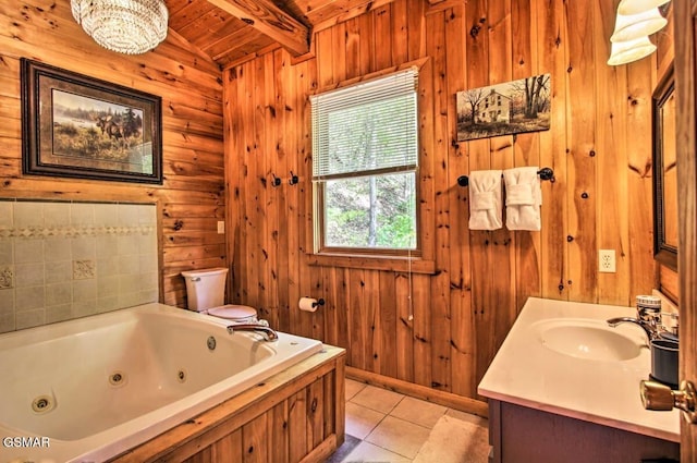 910 Laurel Lick Rd, Pigeon Forge, TN 37863 - full bathroom with wooden ceiling, a jetted tub, vanity, tile patterned floors, and toilet